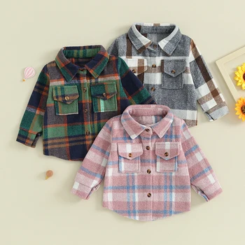 0-4Y Bebek Pazen Ekose Gömlek Ceketler Erkek Kız Sonbahar Kış Giysileri Çocuklar Düğme Aşağı Uzun Kollu Mont Yürümeye Başlayan Giyim