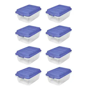 18 Qt. Mavi Yüksek Katlı Kapaklı Şeffaf Plastik Saklama Kutusu, 8'li Paket