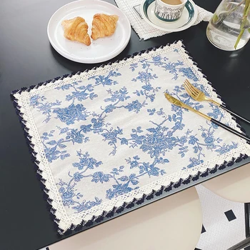2 ADET Vintage Türkiye Mavi Barok Gül Çiçek Baskılı Keten Mutfak Placemat Bohemian yemek Masası Mat Coaster Pedleri Bulaşık Kupası Paspaslar
