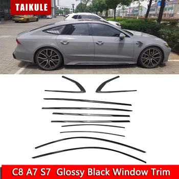 2019 ila 2023 Parlak Siyah Pencere Döşeme A7 Modifiye Paslanmaz çelik yapışkanlı pencere ışık şeridi C8 A7 S7 Siyah Şövalye kiti