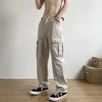 2024 Erkekler İlkbahar Sonbahar Yeni Streetwear Joggers Kargo Pantolon erkek Çok Cep Gevşek Pantolon Erkek Rahat Düz Renk Pantolon I691