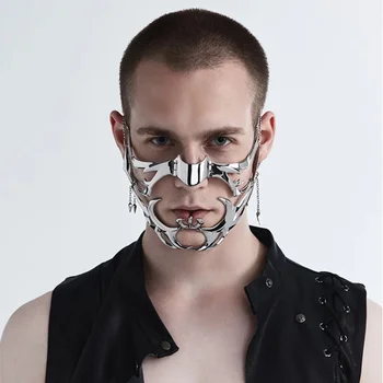 2024 Lüks CyberPunk Maskesi Sıvı Düzensiz Gümüş Renk İçi Boş Titanyum Çelik Yüz Aksesuarları Kadın Erkek Parti Takı