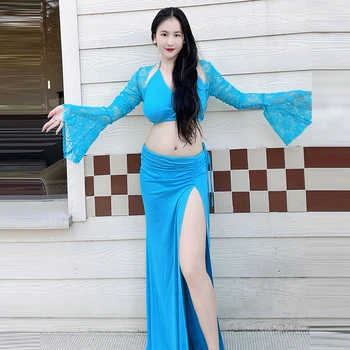 2024 Yeni Oryantal Dans giyim seti Tasarım kadın Üç Parçalı Seksi İplik Uzun Kollu Yüksek Bölünmüş uzun elbise Dansçı Oryantal Dans