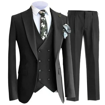 3 Adet Takım Elbise Seti Blazers Ceket Yelek Pantolon / Erkekler Rahat İş Koyu Desen Büyük Yaka Damat Düğün Başkanlık Resmi Elbise