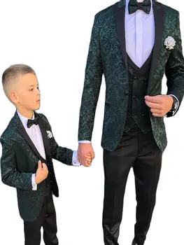 3 Adet Tepe Yaka Yeşil Desen Custom Made Erkek Düğün Takım Elbise Çocuklar Smokin Çocuk Takım Elbise Erkek Özel Renk Boyutu Ceket + Pantolon + Yelek