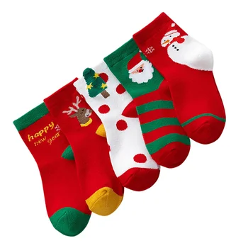 5 Pairs Erkek Pamuk Çorap Noel Çocuk Orta buzağı Kış Çocuklar Noel Tarzı Çocuk Kat Yenidoğan