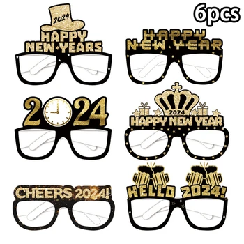 6 Adet Mutlu Yeni Yıl Kağıt Gözlük 2024 Gözlük Çerçevesi fotoğraf kabini Sahne Yılbaşı Partisi Dekor Ev İçin Noel Malzemeleri