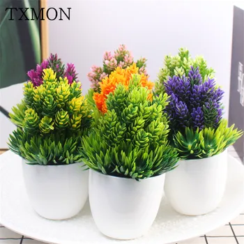 7 Renk suni çam iğneleri Çiçekler Mini Bitkiler Bosai Plastik Dekorasyon Bitkiler Vazo Ev Ofis Dekor İçin Çiçek Seti 1 Adet