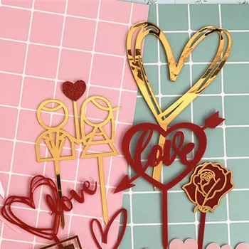 Akrilik Kalp Altın Gümüş Kek Üst Bayrak Dekorasyon Doğum Günü Partisi Düğün Malzemeleri için Mutlu Doğum Günü Aşk Bayrağı Kek Topper
