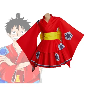 Anime Luffy Wano Ülke Ark Cosplay Kostüm Kimono Cosplay Maymun D Cosplay Kadın Kırmızı Lolita Elbise Yukata Kimono Kıyafet suit