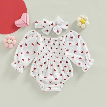 Bebek Kız sevgililer Günü Romper Kalp Baskı Uzun Kollu Tulumlar Bebek Bahar Sonbahar Giysileri Tulum Kafa Bandı ile