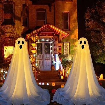 Cadılar bayramı DIY büyük ışıklı beyaz bez hayaletler-sevimli süslemeleri kapalı açık ışıklı hayaletler dekor LED dize ışıkları ile