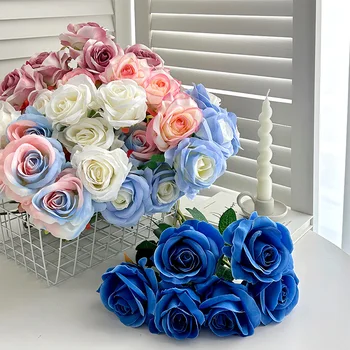 Degrade Renk Yapay Gül Gerçek Dokunmatik Simülasyon Çiçek Ev Odası Dekorasyon DIY Çiçek Düzenleme Düğün Süslemeleri