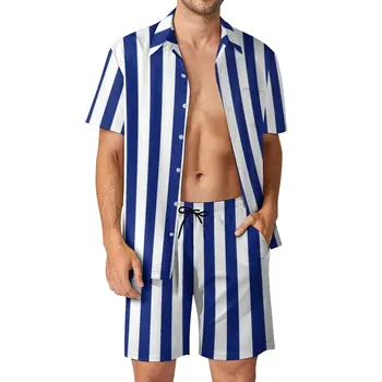 Deniz Tasarım Erkekler Setleri Dikey Lacivert Çizgili Retro Rahat Gömlek Seti Kısa Kollu Şort Yaz Beachwear Takım Elbise Artı Boyutu