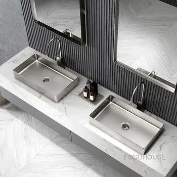 Dikdörtgen paslanmaz çelik banyo lavaboları platformu havzası ev tuvalet lavabo ışık lüks lavabo sanat banyo lavabo
