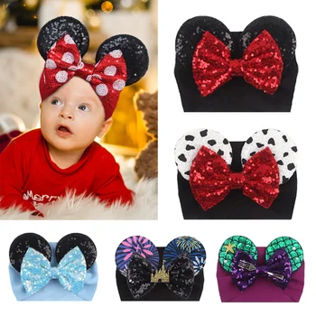 Disney Mickey Mouse Kulaklar Bebek Kafa Bandı Çocuk Glitter Yay Şapkalar Headwrap Elastik Bebek DIY saç aksesuarları Festivali Parti