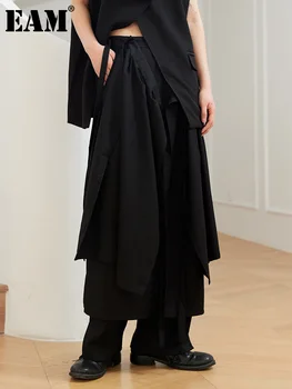 EEM Yüksek Elastik Bel Pilili Uzun Siyah Bandaj Pantolon Yeni Gevşek Fit Pantolon Kadın Moda Gelgit Bahar Sonbahar 2024 1DF3664