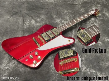 Elektro Gitar Firebird Metalik Kırmızı HHH Manyetikler Beyaz Pickgurd Ve Kafes baton kılıfı Altın Parçaları Ayar O Matic Köprü Ve Stop Kuyruk