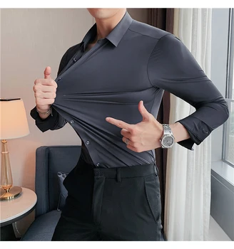 Erkek gömleği Yüksek Elastik Dikişsiz Kaliteli İnce Uzun Kollu Gömlek Lüks Ziyafet Sosyal Resmi Elbise Gömlek Erkekler için Boyutu M-4XL