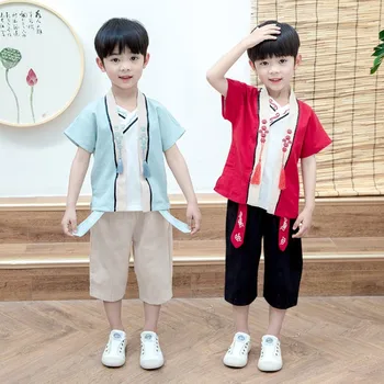 Erkek Hanfu Bebek çocuk Yaz Yeni Set Tang Tarzı Antik Çin Tarzı Pamuk Kenevir İnce Kısa Kollu Orta Pantolon Güneş