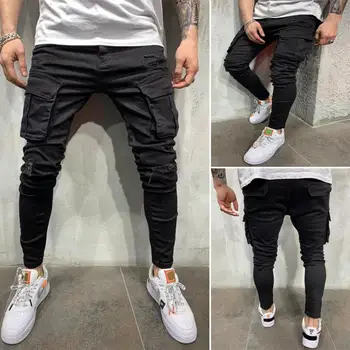Erkek Kargo Kot Yırtık Düz Renk Sıkı Çoklu Cepler Orta Bel Erkek Skinny Denim kalem pantolon Günlük Giyim için