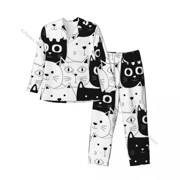 Erkek Pijama setleri Kedi Desen Pijama Uzun Kollu Gecelik Erkek Ev Tekstili
