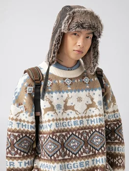 Etnik tarzı jakarlı yuvarlak boyun kazak çiftler için sonbahar ve kış yeni gevşek ve trendy marka Peri Ada örme ceket