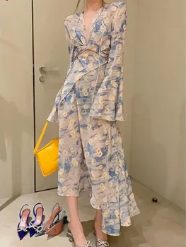 Fransız Vintage Zarif Çiçek Midi Elbise Ofis Bayan Plaj Moda Rahat İnce Elbise Kadınlar Bile Parti Elbise Kore Yaz 2023