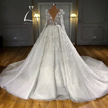 Haohao 2024 Lüks Dubai Parlak Boncuklu Gelinlik Tam Kollu 3D Çiçek düğün elbisesi Kristal Payetli gelinlikler