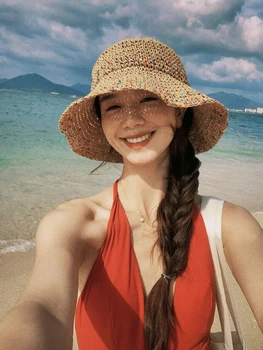Hasır Şapkalar Kadınlar İçin Yaz Plaj Turizm Güneş Koruyucu Şapka Kadın Tatil Hasır El Dokuma Balıkçı Şapka Bayanlar Güneşlik Kap Panama
