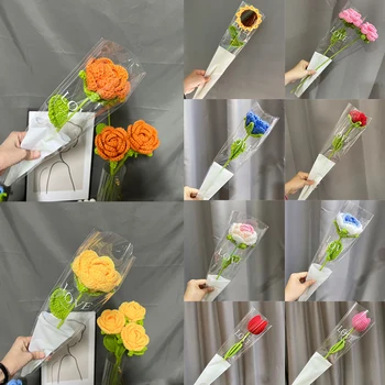 Hnad Örme Çiçek Tığ Bitmiş Lale Gül Karanfil Buket Ev Düğün Parti Dekor Sahte Çiçek Sevgililer Anneler Günü Hediyesi