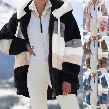 Kadın ceketi Sonbahar Kış Moda Yumuşak Uzun Kollu Ceket Rahat Renk Blok Peluş Kazak fermuarlı kapüşonlu kıyafet sıcak tutan kaban 겨울 아우터