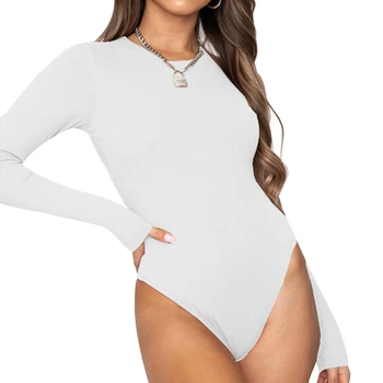 Kadın Ekip Boyun Uzun Kollu Bodysuit Seksi Vücut Takım Elbise Kadın Üstleri Giyim, Beyaz S