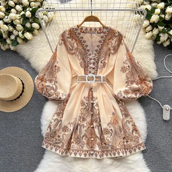 Kadın Elbise 2023 İlkbahar / Yaz Bohemian Moda Paisley Baskı Vintage Elbise V Yaka Fener Kollu Lace Up Mini Elbise Yeni
