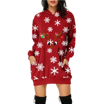 Kadın Elbise Noel Baskılı Uzun Kollu Kapüşonlu sweatshirt cepli kapüşonlu üst giysisi Kazak Elbise Kazak Cepler İle Tam Vestidos