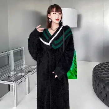 Kadın Mont Kış Kalınlığı Örme uzun elbise Uzun Kollu V Yaka Üstleri Kadın Gevşek Lüks Giyim Yeni Tembel Tarzı Vizon Kaşmir