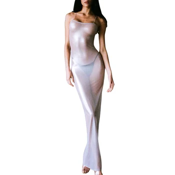 Kadın Y2k See Through uzun elbise Parlak Kolsuz Backless Bodycon Elbise Yaz Plaj Bikini Örtbas Mayo 2023
