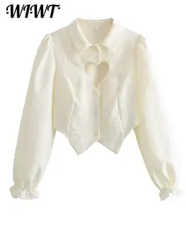 Kalp İçi Boş Yaka Uzun Kollu Gömlek Kadın 2023 Sonbahar Zarif Beyaz çiçek tomurcuğu kollu Üstleri Kadın Şık İnci Düğme Bayan Mont