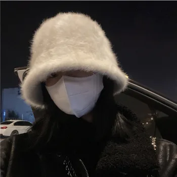 Kore Kış Tavşan Kürk Kova Şapka Kadınlar Kızlar için Açık Kalınlaşmış Sıcak Düz Renk Katlanabilir Kürklü Balıkçı Kapaklar gorras
