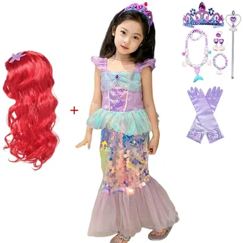Küçük Denizkızı Elbise Kız Ariel Lüks Pullu Prenses Elbise Çocuklar Cadılar Bayramı Fantezi Kostüm Çocuk Doğum Günü parti giysileri Setleri