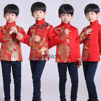 Kırmızı Tang Takım Elbise Geleneksel Çin Giyim Erkek Çocuklar Hanfu Üst Ejderha Baskı Vintage Saten Kung Fu Çin Yeni Yılı Parti Ceket