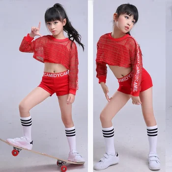 Kızlar Kırmızı Serin Balo Salonu Caz Hip Hop dans kostümü sahne dans giyim Tankı Üstleri Şort Net Bluz Çocuk Dans Elbise Kıyafet