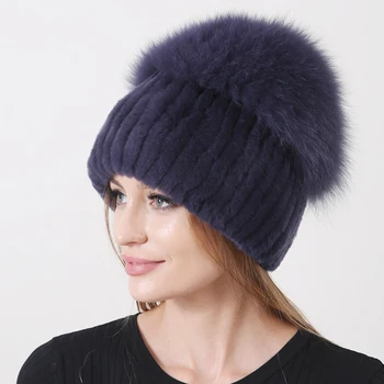 Kış Doğal Tavşan Kürk Şapka Rus Kadınlar Gerçek Kürk Tilki Ponpon Örme Sıcak Şapka