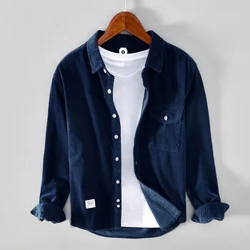 Kış Sonbahar Moda erkek Kadife Pamuk Vintage Gömlek Düz Renk Cep Basit Rahat Uzun Kollu Bluz Temel Üstleri
