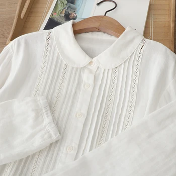 Lamtrip Benzersiz Butik Kanca Bağlama Peter Pan Yaka Vintage Pamuk İpliği Uzun Kollu Beyaz Gömlek Bluz 2021 Sonbahar