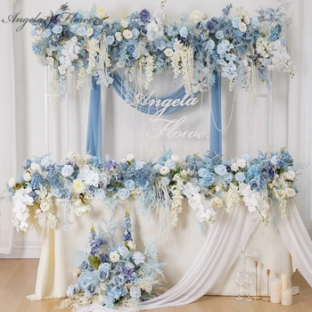 Lüks Mavi Beyaz Asmak Wisteria Masa Kanepe Koşucu Düğün Zemin Dekor Düzenleme Çiçek Zemin Çiçek Topu Olay Standı A8243