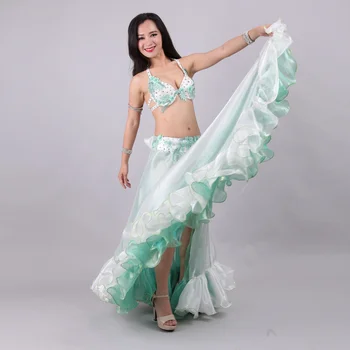 Lüks Yetişkin Oryantal Dans Giyim Elmas Yeni Hint Dans Üç parçalı Set Etekler Modern Dans Performansı Elbise Sutyen Etek Kemer