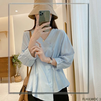 Mavi Beyaz Gömlek Yeni Tasarım 2023 Kadın Ofis Bayan Katı Şık Moda Japonya Kızlar Düğme Sevimli Bluzlar Tops