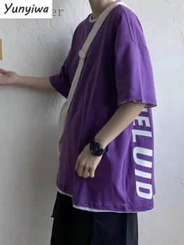 Mektup kısa kollu tişört Erkek Moda Kentsel Streetwear En Hong Kong Tarzı Gençler Büyük Boy erkek Mor tişört