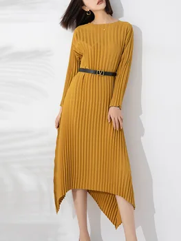 Miyake issey Miyake Kat 2023 Kış Yeni Yuvarlak Boyun Jumper Elbise Tasarım Duygusu Uzun Kollu Düzensiz Moda Pilili Etek